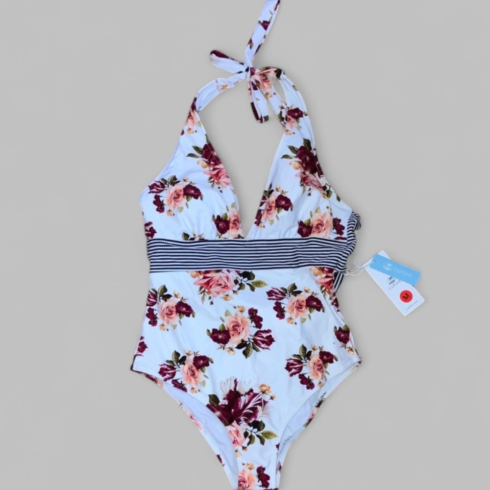 Cupshe White Floral Burgundy striped Contrast Tie Back One Piece Swimsuit Sz M